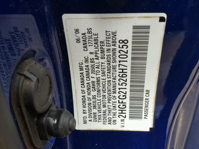 2HGFG21526H710258 - 2006 HONDA CIVIC SI BLUE photo 10