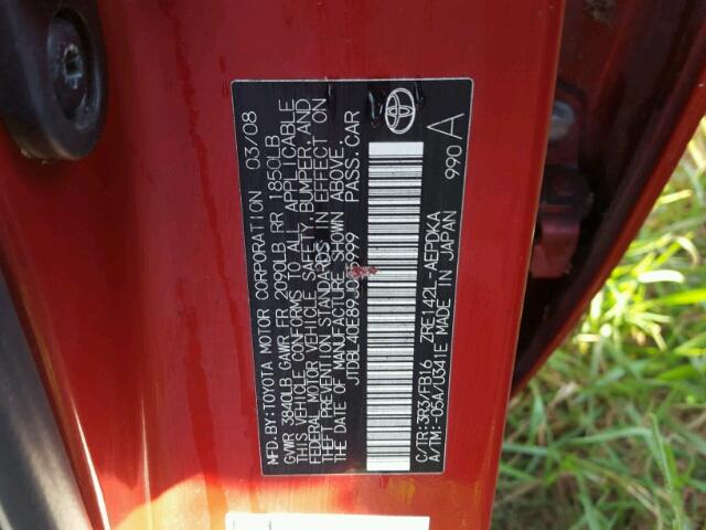 JTDBL40E89J015999 - 2009 TOYOTA COROLLA RED photo 10