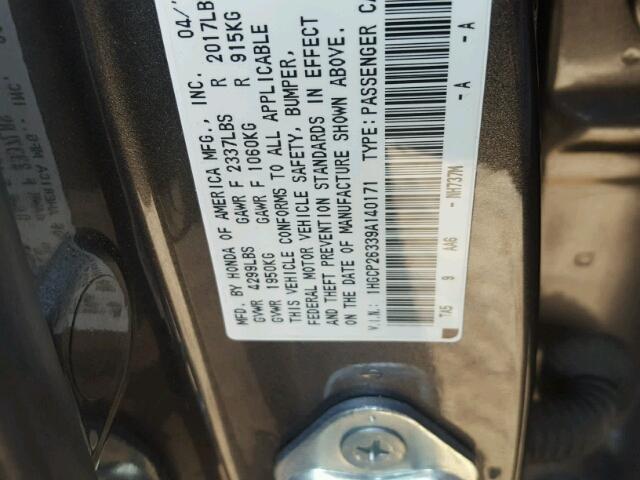 1HGCP26339A140171 - 2009 HONDA ACCORD LX GRAY photo 10