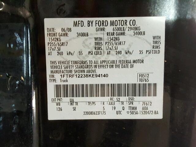 1FTRF12238KE94140 - 2008 FORD F150 BLACK photo 10