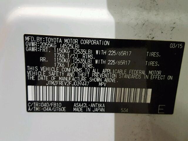JTMZFREV2FJ039447 - 2015 TOYOTA RAV4 LE Ağ foto 10