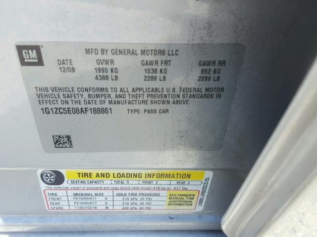 1G1ZC5E08AF188861 - 2010 CHEVROLET MALIBU 1LT ვერცხლისფერი ფოტო 10