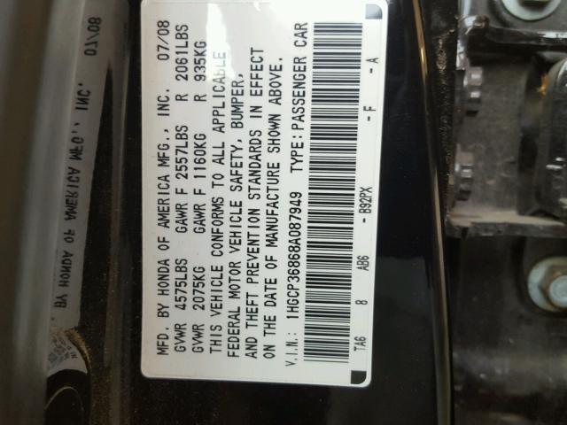 1HGCP36868A087949 - 2008 HONDA ACCORD EXL BLACK photo 10