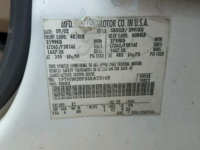 1FTNW20F53EA73103 - 2003 FORD F250 SUPER WHITE photo 10