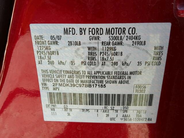 2FMDK39C97BB17185 - 2007 FORD EDGE Темно-червоний фото 10