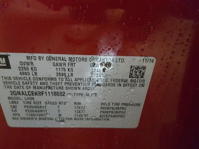 2GNALCEK8F1118602 - 2015 CHEVROLET EQUINOX LT RED photo 10