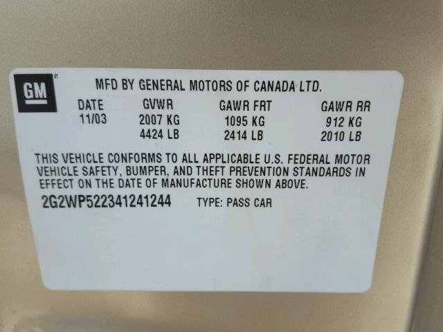 2G2WP522341241244 - 2004 PONTIAC GRAND PRIX GOLD photo 10