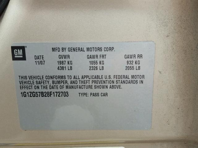 1G1ZG57B28F172703 - 2008 CHEVROLET MALIBU LS 金色 照片 10