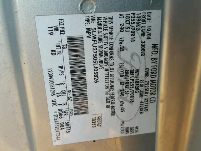 5LMFU27505LJ05826 - 2005 LINCOLN NAVIGATOR SILVER photo 10