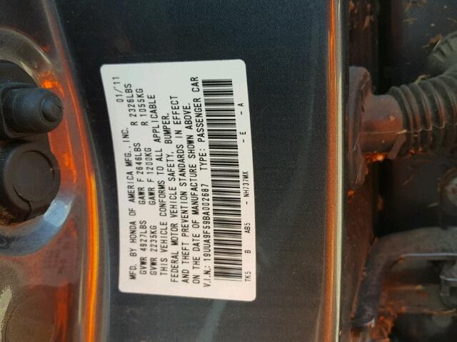 19UUA9F59BA002687 - 2011 ACURA TL GRAY photo 10