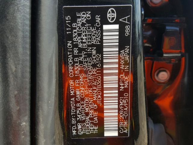 JTDKDTB36G1116152 - 2016 TOYOTA PRIUS C BLACK photo 10