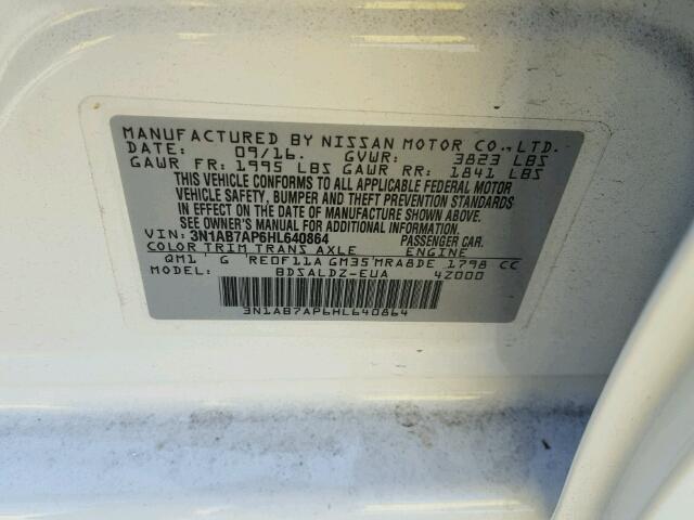 3N1AB7AP6HL640864 - 2017 NISSAN SENTRA S WHITE photo 10