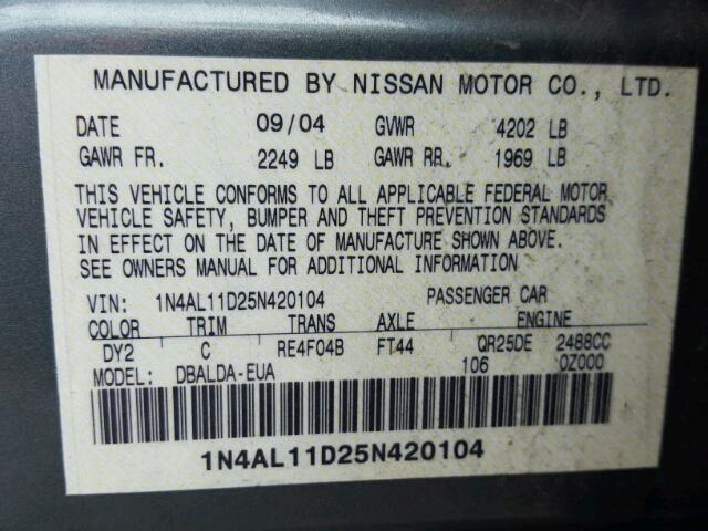 1N4AL11D25N420104 - 2005 NISSAN ALTIMA S GREEN photo 10