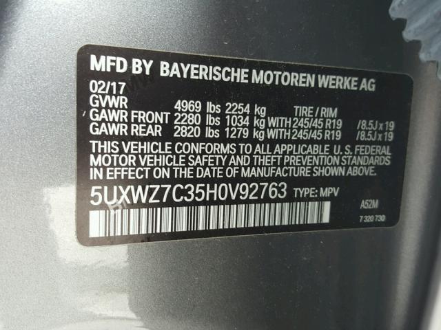 5UXWZ7C35H0V92763 - 2017 BMW X3 SDRIVE2 CHARCOAL photo 10