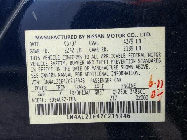 1N4AL21E47C215946 - 2007 NISSAN ALTIMA 2.5 BLUE photo 10