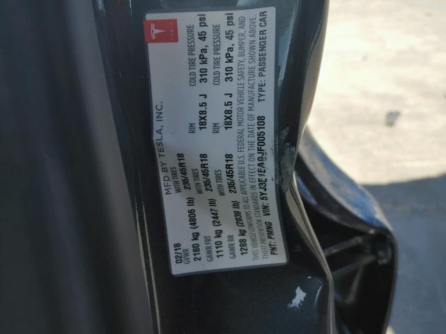 5YJ3E1EA9JF005108 - 2018 TESLA MODEL 3 ნაცრისფერი ფოტო 10