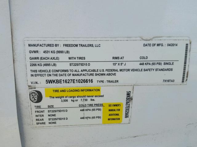 5WKBE1627E1026616 - 2014 UTILITY TRAILER WHITE photo 10
