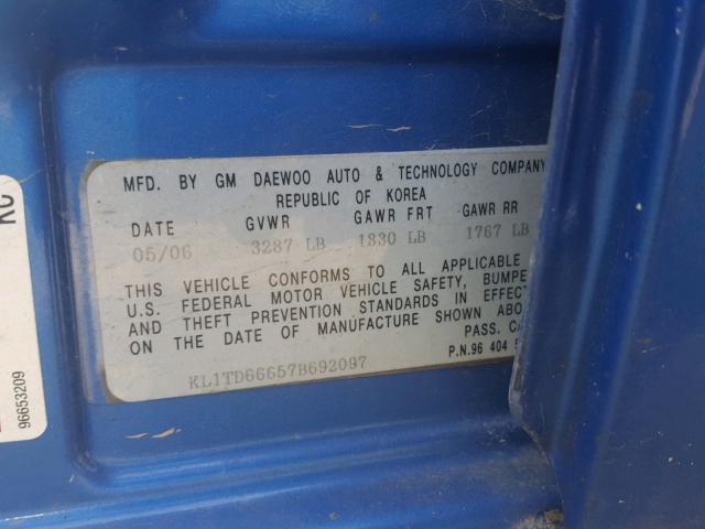 KL1TD66657B692097 - 2007 CHEVROLET AVEO BASE Կապույտ լուսանկար 10