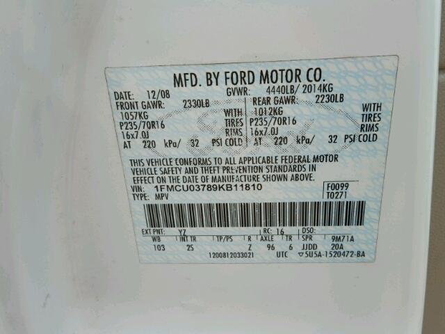 1FMCU03789KB11810 - 2009 FORD ESCAPE WHITE photo 10