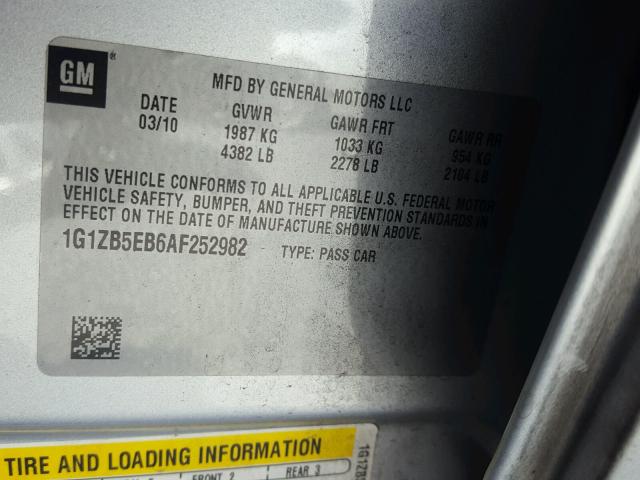 1G1ZB5EB6AF252982 - 2010 CHEVROLET MALIBU LS Gümüş foto 10