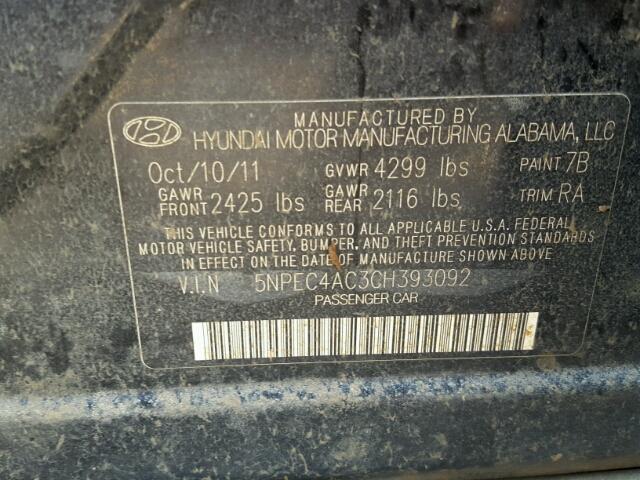 5NPEC4AC3CH393092 - 2012 HYUNDAI SONATA BLACK photo 10