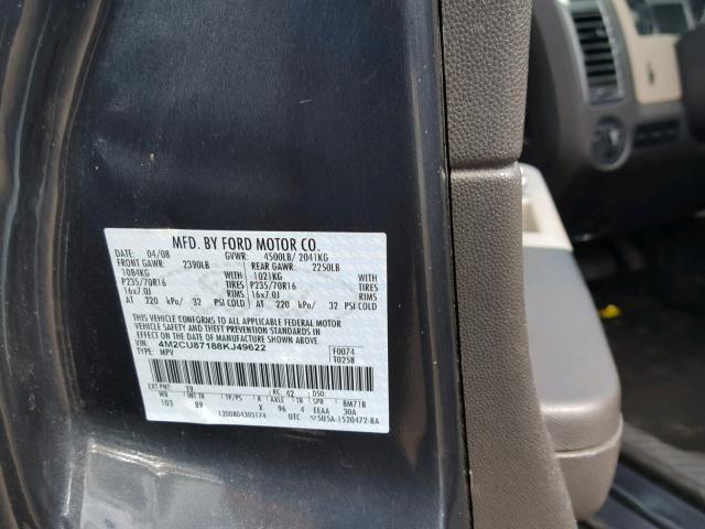 4M2CU87188KJ49622 - 2008 MERCURY MARINER PR GRAY photo 10