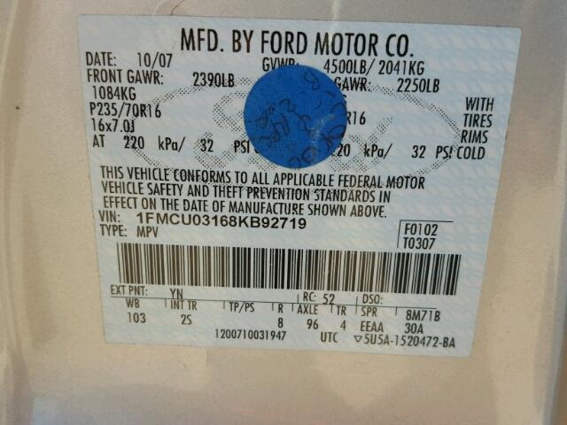 1FMCU03168KB92719 - 2008 FORD ESCAPE XLT SILVER photo 10