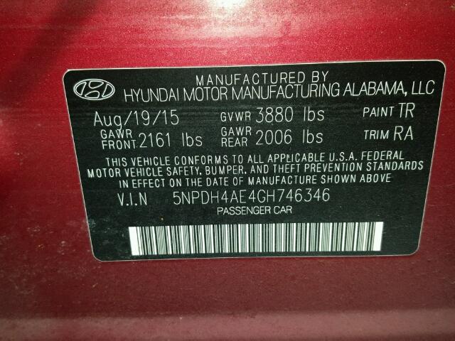 5NPDH4AE4GH746346 - 2016 HYUNDAI ELANTRA RED photo 10