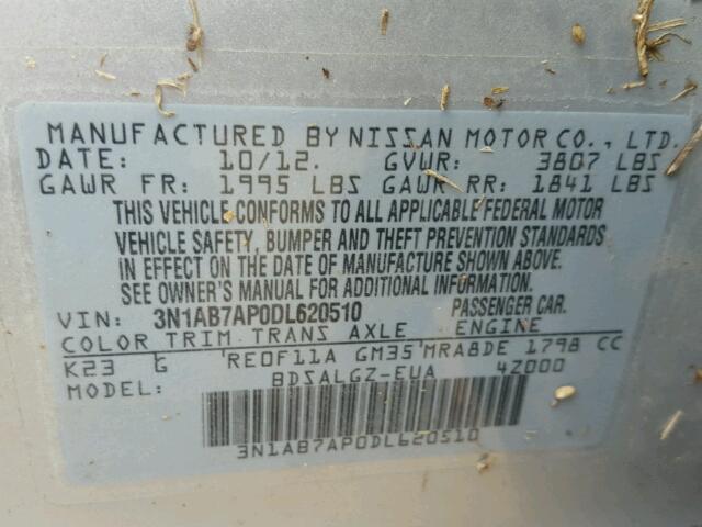 3N1AB7AP0DL620510 - 2013 NISSAN SENTRA S SILVER photo 10