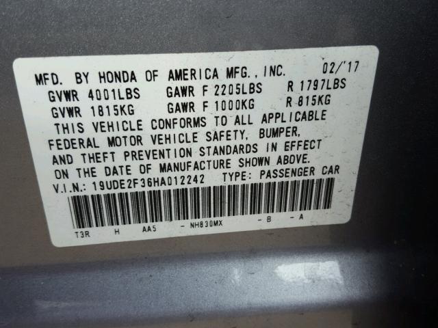 19UDE2F36HA012242 - 2017 ACURA ILX BASE SILVER photo 10