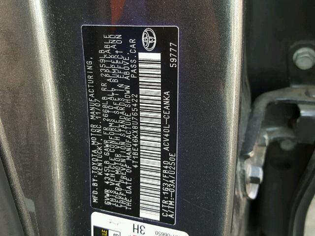 4T1BE46KX8U765422 - 2008 TOYOTA CAMRY GRAY photo 10