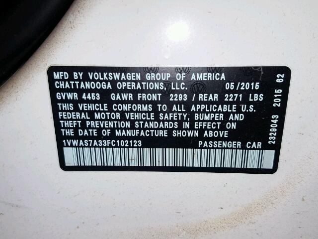 1VWAS7A33FC102123 - 2015 VOLKSWAGEN PASSAT S WHITE photo 10