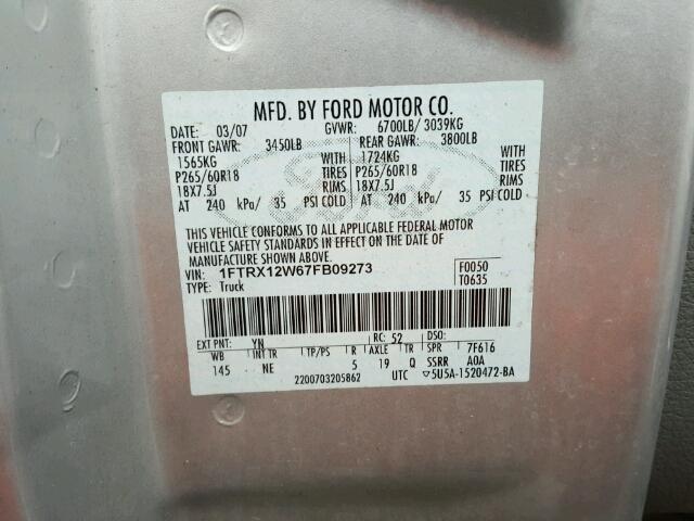 1FTRX12W67FB09273 - 2007 FORD F150 GRAY photo 10