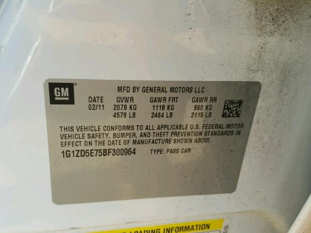 1G1ZD5E75BF300964 - 2011 CHEVROLET MALIBU თეთრი ფოტო 10