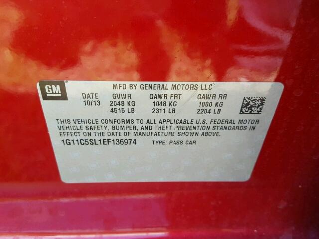 1G11C5SL1EF136974 - 2014 CHEVROLET MALIBU 1LT წითელი ფოტო 10