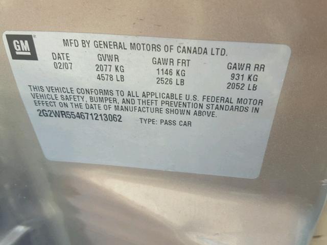 2G2WR554671213062 - 2007 PONTIAC GRAND PRIX BEIGE photo 10