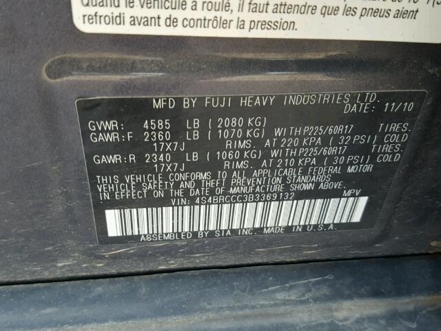 4S4BRCCC3B3369132 - 2011 SUBARU OUTBACK GRAY photo 10