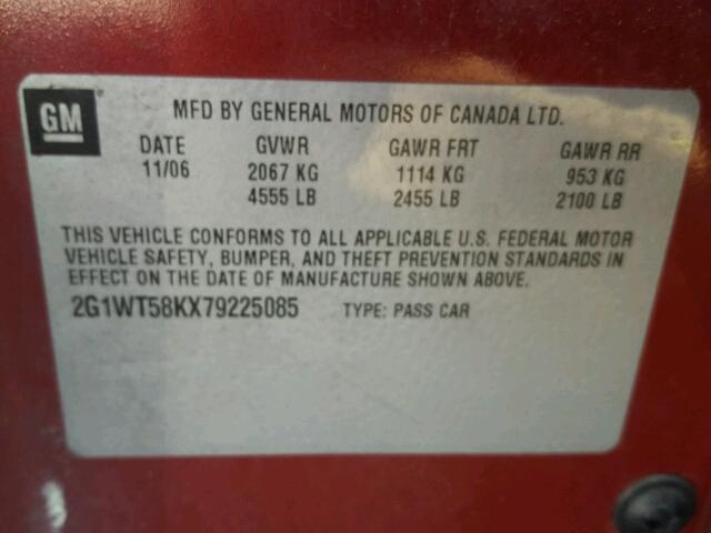 2G1WT58KX79225085 - 2007 CHEVROLET IMPALA 红色 照片 10