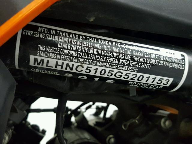 MLHNC5105G5201153 - 2016 HONDA CBR300 R ORANGE photo 19