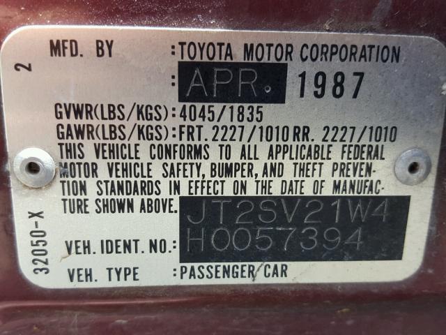 JT2SV21W4H0057394 - 1987 TOYOTA CAMRY DLX BURGUNDY photo 10