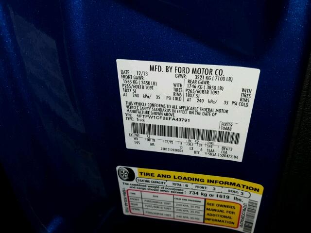 1FTFW1CF2EFA43791 - 2014 FORD F150 Bleu photo 10