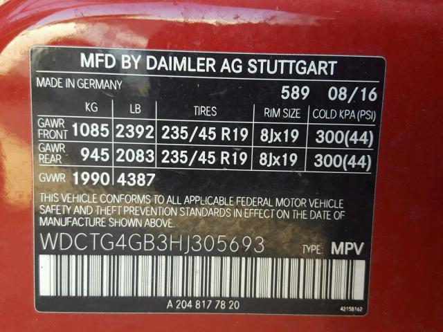 WDCTG4GB3HJ305693 - 2017 MERCEDES-BENZ GLA 250 4M RED photo 10