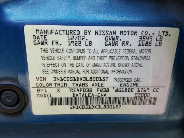 3N1CB51DX3L800157 - 2003 NISSAN SENTRA XE BLUE photo 10