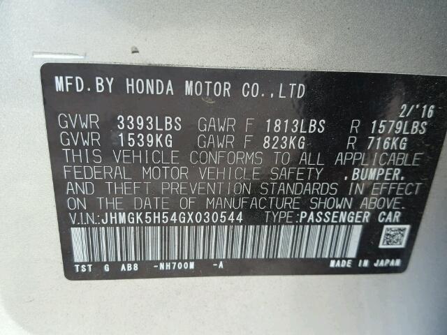 JHMGK5H54GX030544 - 2016 HONDA FIT LX SILVER photo 10