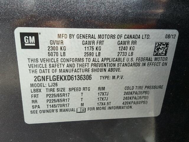 2GNFLGEKXD6136306 - 2013 CHEVROLET EQUINOX LT GRAY photo 10