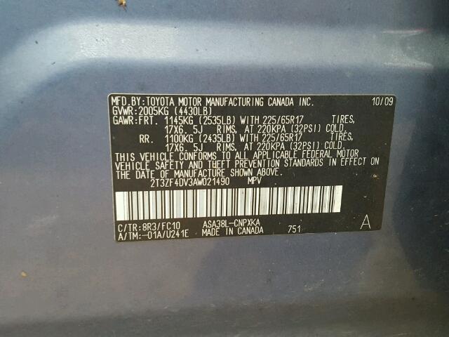 2T3ZF4DV3AW021490 - 2010 TOYOTA RAV4 BLUE photo 10