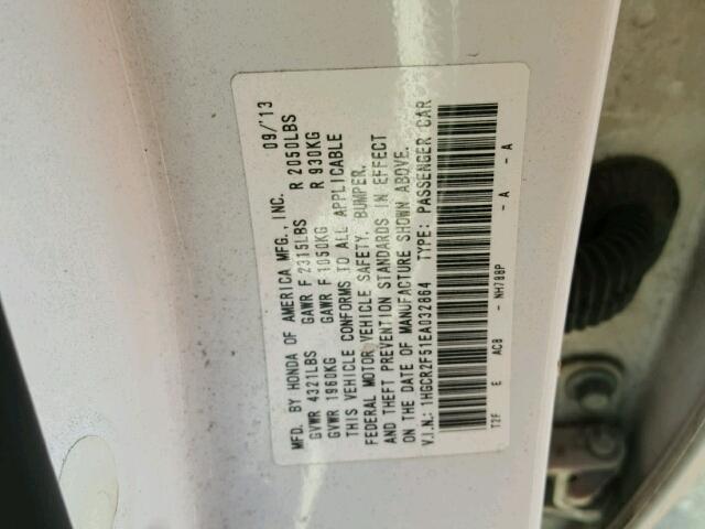 1HGCR2F51EA032864 - 2014 HONDA ACCORD SPO WHITE photo 10