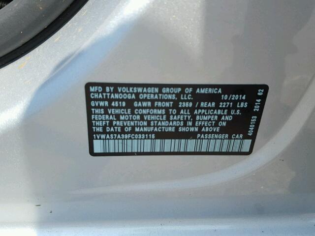 1VWAS7A39FC033115 - 2015 VOLKSWAGEN PASSAT S ვერცხლისფერი ფოტო 10