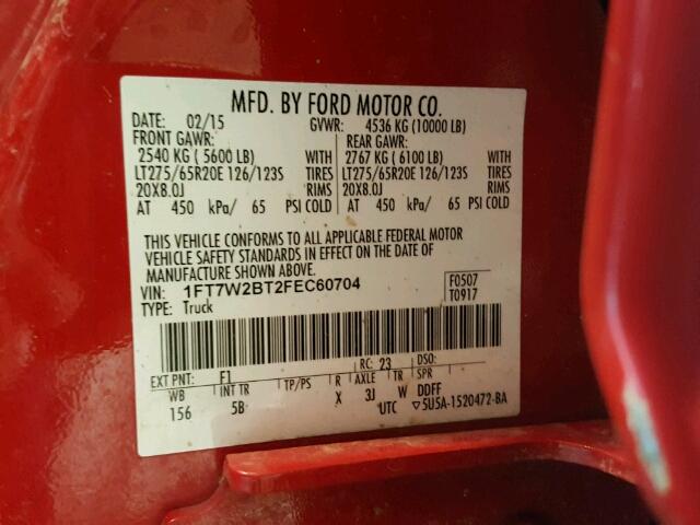 1FT7W2BT2FEC60704 - 2015 FORD F250 SUPER RED photo 10