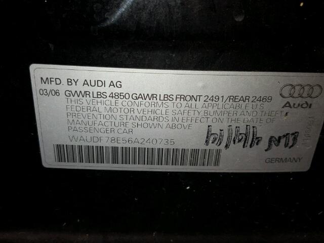 WAUDF78E56A240735 - 2006 AUDI A4 BLACK photo 10